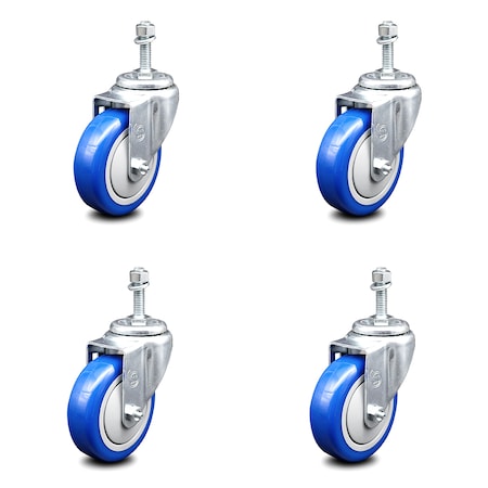 Service Caster 4 Inch Blue Polyurethane Wheel Swivel 10mm Threaded Stem Caster Set SCC SCC-TS20S414-PPUB-BLUE-M1015-4